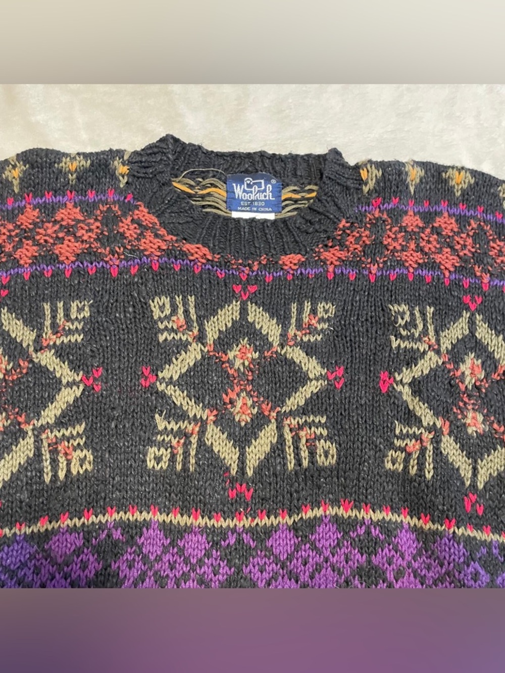 Woolrich Black Crewneck Sweater with Multicolor Fair Isle Accents
